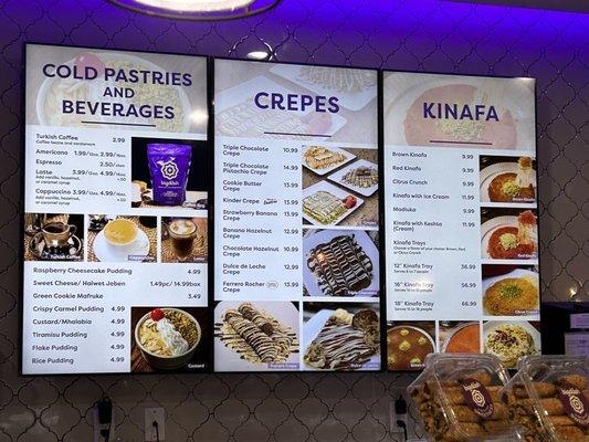 Pastries, drinks, crepes, kinafa menu