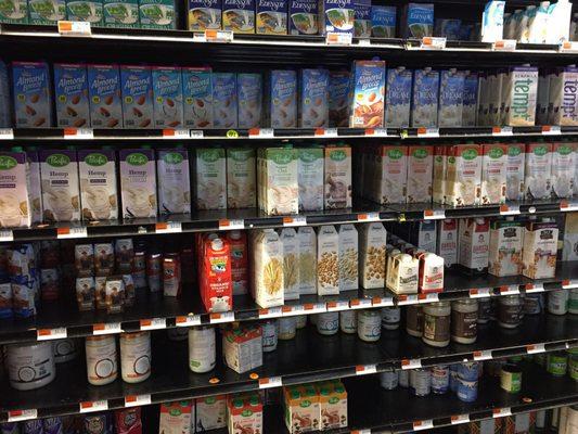 Loads of non dairy nut milks plus coconut milk,  Non Genetically Modified  soybean milk etc