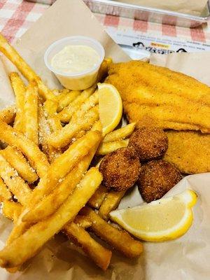 Catfish, hush puppies, Romano fries!