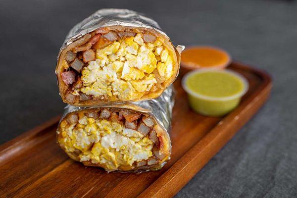 Breakfast Burrito :Choice of bacon, chorizo, sausage , or all meat !