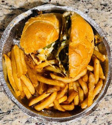 Bourbon Street Chicken Sandwich, grilled chicken, Jack cheese and jalapeños with fries