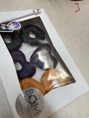 Black sesame, ube, and tangerine mochi donuts