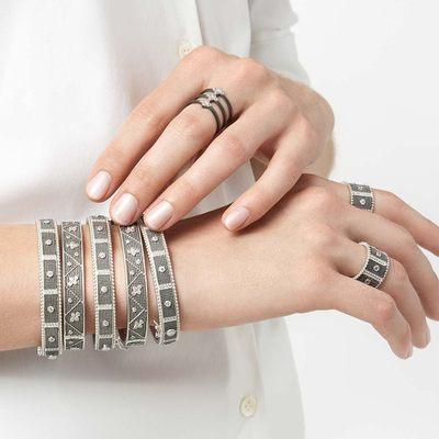 The Freida Rothman collection has stackable rings, hinged bangles, layered necklaces, hoop & post earrings in gorgeous mixed metals