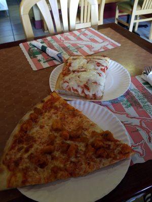 Buffalo chicken slice and a slice of Sicilian.