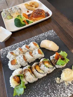 Shrimp tempura and salmon avocado roll.