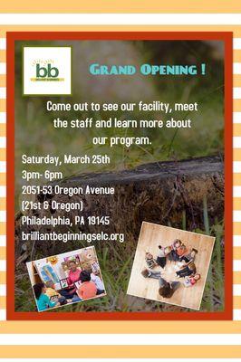 Join us at the Grand Opening to tour our center and learn about our program! Councilman Johnson Ribbon cutting at 5pm!