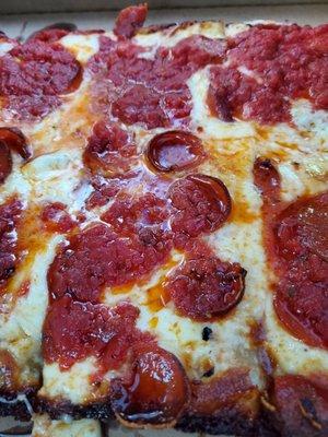 Pepperoni, Detroit style. Best ratio of cheese, sauce, and dough with perfectly crisp edges