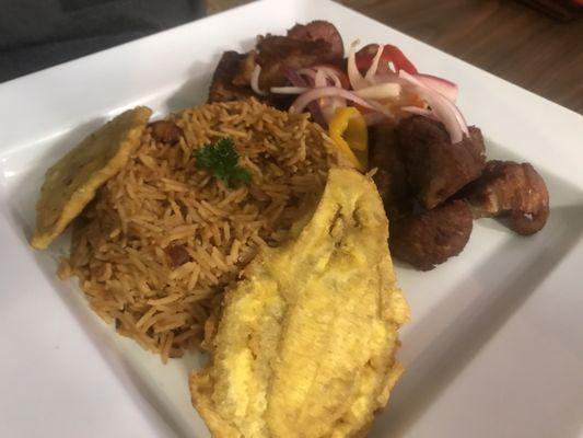 Fried pork with rice and beans