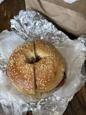 Sesame Bagel with Turkey Bacon and Turkey Sausage