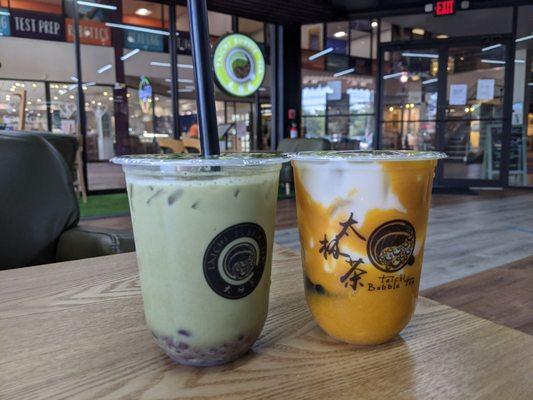 Matcha milk tea and zang Zang tea with sweet potato