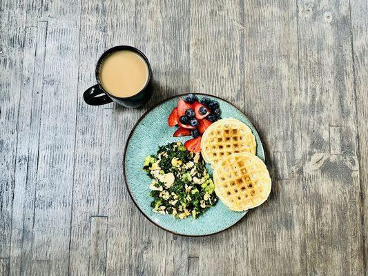 Chopped Kale, Berries, and Ripple Unsweetened Milk as creamer for the coffee. All from Baron's to make a weekend brunch!