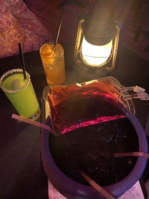 Halloween drinks, blood bag, cauldron