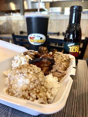 Mini plate with kalua pig and teriyaki chicken