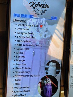 Boba smoothies menu