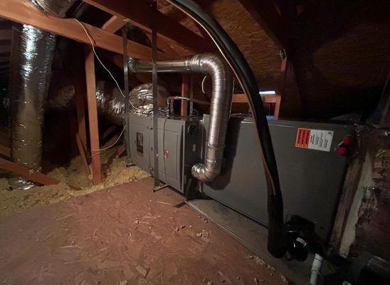 A new furnace and a/c coil we installed in an attic.