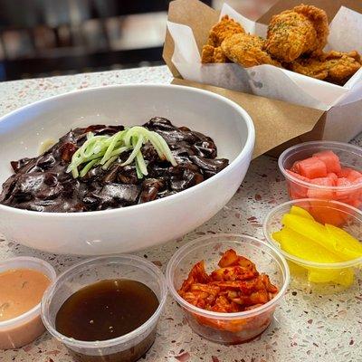 Jjangmyeon (black bean noodles) and OK's Korean Fried Chicken.