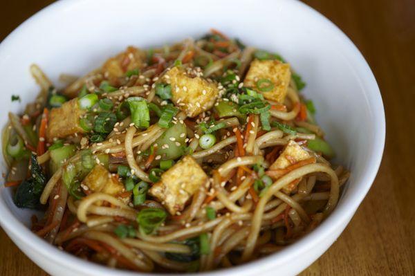 Japanese Teriyaki Udon: carrots, bok choy, onions and udon noodles stir fried in teriyaki sauce with choice of protein (tofu pictured here)