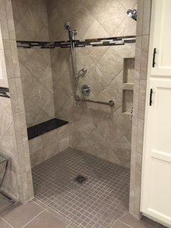 Barrier-free accessible shower with built-in shower bench in Indianapolis home