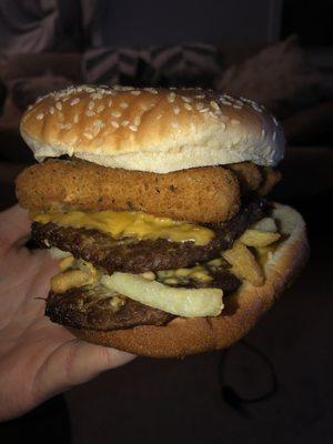 Double cheeseburger with mozzarella sticks, French fries