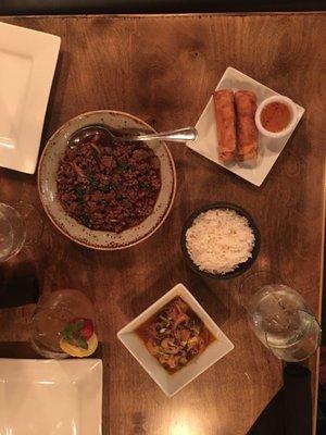 Spring rolls, shrimp ceviche, beef and basil.