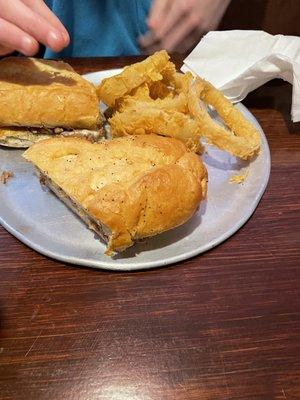 Philly steak and cheese with onion rings