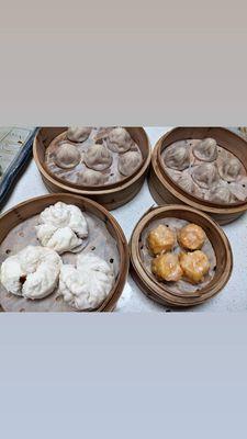 Soup dumplings, roast pork bun, and shrimp shumai