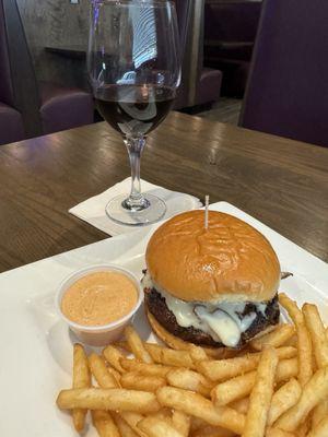 Shroom burger, fries and free glass of Merlot