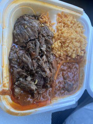 Barbacoa with chorizo beans and rice - plenty of food.