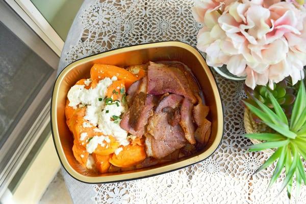 Honey mustard ham roast with sweet potato and goat cheese