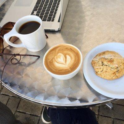 Maple scone, oat milk latter, and black coffee