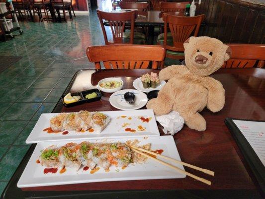 Negi Toro Sushi, soft Shell Crab Roll and shrimp Tempura Roll.