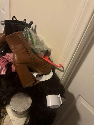 Stacked trash and shoes on top of my $1500 wig