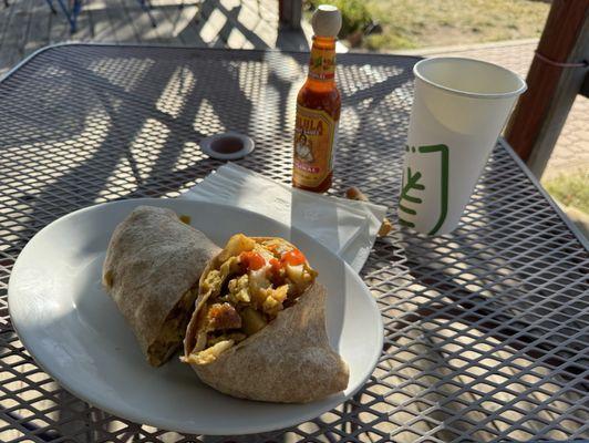 Legit delicious breakfast burrito!! Nice shady front patio and hot strong coffee.   Not favorite breakfast!!