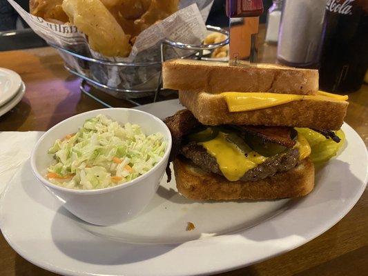 Burger between grilled cheese, bacon and Jalapeños!