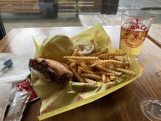 Couple smashy bois, fries and smash sauce. Beer is from Uptown next door.