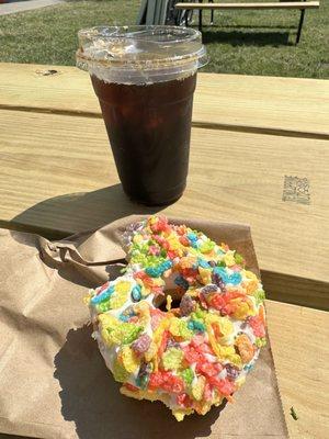 Fruity pebble donut & cold brew