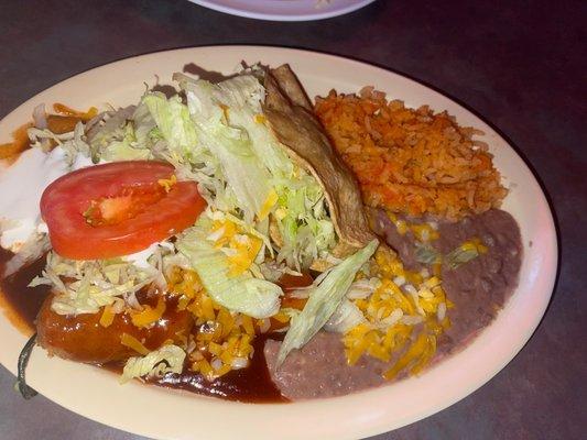 Combination #1 Beef Tostada & cheese enchilada with rice & beans!