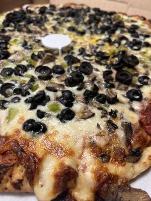 Custom large: black olives, green peppers, mushrooms