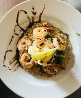 Prawns with Farro Risotto, Oyster Mushrooms, and Arugula