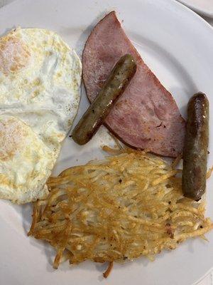 Eggs, hash brown, sausage & ham