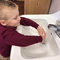 Hand washing keeps us safe and clean.