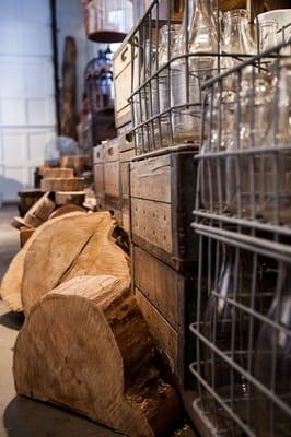 Milk bottles and wood oak bases