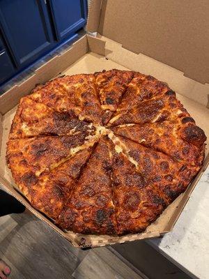 Burnt uneatable pizza