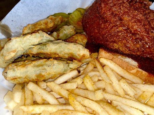 Fried okra pods and french fries