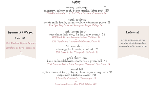 Main Plates Menu with Wine Pairings