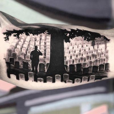 Incredible memorial piece by @nategrecoart #usa #memorial #fallenheroes #odditytattoo  #sarasota #hivecaps #longboatkey #nationalcemetery