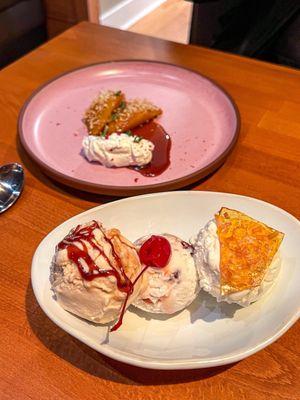 Poached pear dessert and gelato flight. Gelato flavors are mascarpone, cherry and honeycomb.