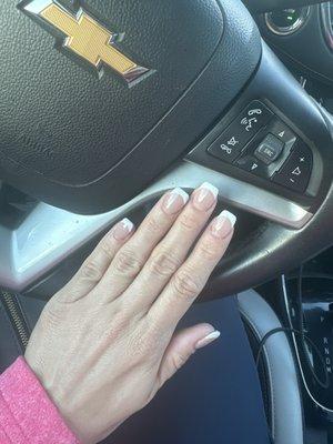 Pink powder acrylic with white gel polish French tip