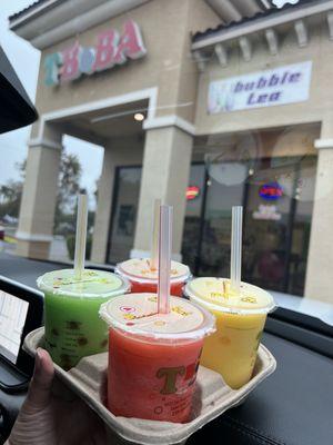 All are the slushy boba tea. Flavors are Green apple, Raspberry, mango, & in front watermelon