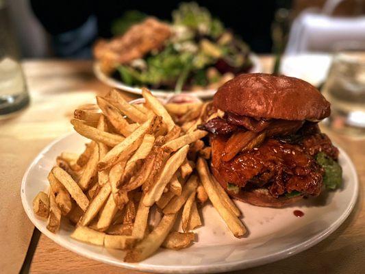 FANCY CRISPY CHICKEN SANDWICH chicken thigh, gochujang glaze, kimchi, sesame seed, aioli, lettuce